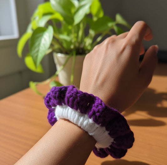 Handmade Crochet Hair Scrunchie – Purple & White Soft Knit Elastic | Gentle, Stretchable & Stylish(pack of 2) - TrendySpice Store