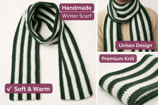 Handmade Woolen Winter Scarf | Soft & Warm | Unisex | Green & White - TrendySpice Store