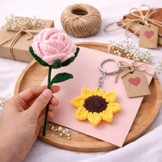 Handmade Crochet Rose with Sunflower Keychain Combo | Cute & Everlasting Gift Set