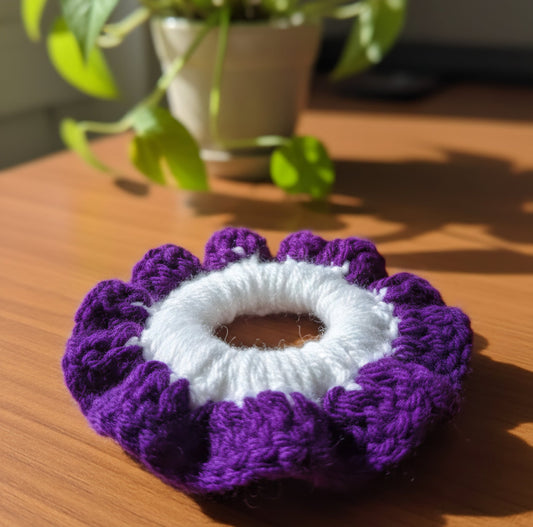 Handmade Crochet Hair Scrunchie – Purple & White Soft Knit Elastic | Gentle, Stretchable & Stylish(pack of 2) - TrendySpice Store